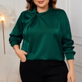 Elegant deep green satin long sleeve shirt featuring a twisted knot high collar design - 3XL / Green
