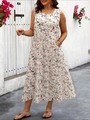 Detalle de vestido largo floral sin mangas con bolsillos laterales y estampado naranja - 1XL / Albaricoque