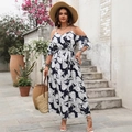 Dunkelblaues Maxikleid mit Blumenmuster, Off-Shoulder-Design und sommerlichem Urlaubs-Stil - 1XL / Marineblau