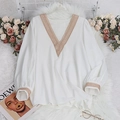 Damen V-Ausschnitt weiße Bluse mit Spitzenbesatz und langen Ärmeln im Boho-Stil - 1XL / Weiß