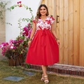 Zomerjurk grote maat met V-hals bloemenprint top en rode uitlopende rok met strikband - XL / Rood