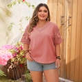 Women's plus size V-neck t-shirt in coral pink with elegant lace embroidery sleeves - 1XL / Peach