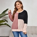 Pull en tricot pour femmes avec blocs de couleurs rose, noir et beige, col rond classique - XL / Rose Noir Beige Color-block