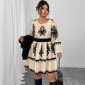 Abito chic a maniche lunghe con stampa vintage e vita elastica nera per donna - 3XL / Albicocca