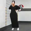 Vestido largo ajustado de punto acanalado negro con manga larga y cuello redondo - 1XL / Negro