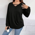 Women black V-neck long sleeve T-shirt with side buttons and lace-up neck detail - 1XL / Black