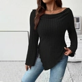 Women's black off-shoulder long sleeve knit top with asymmetrical shark hem design - 1XL / Black