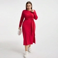 Elegantes rotes Langarmkleid mit Taillenknoten und Seitenschlitz für Damen - 1XL / Rot