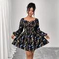 Chic black floral tiered dress with square neckline and long puff sleeves for women - XL / Black