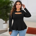 Elegant black long sleeve peplum top with cutout detail and ribbed texture for women - 1XL / Black