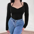 Slim fit black halter neck long sleeve top with corset style stitching detail - 1XL / Black