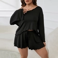 Set relax da donna nero in due pezzi con maglia a maniche lunghe e pantaloncini - 1XL / Nero