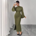 Slim fit dark green long sleeve maxi dress with ruching and side split detail - 3XL / Green