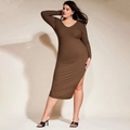 Brown long sleeve V-neck bodycon dress with side slit detail and midi length fit - 1XL / Brown