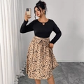 Langarm-Patchwork-Kleid mit Leopardenmuster am Rock und Taillenbindung - XL / Schwarz Leoparden Splicing