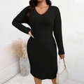 Elegant black V-neck long sleeve knit dress in ribbed texture and slim fit - 1XL / Black