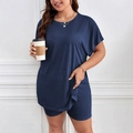 Ensemble détente bleu foncé pour femme avec haut à manches courtes et short taille haute - 1XL / Bleu