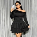 Women's plus size black one-shoulder long sleeve mini dress with ruffled hem and slim waist - 1XL / Black