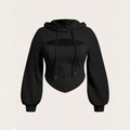 Women's plus size black waffle knit hoodie featuring chest cutout and lantern sleeves - 1XL / Black
