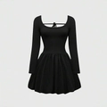Damen Übergröße schwarzes Langarm Minikleid mit U-Ausschnitt und ausgestelltem A-Linien-Rock - 1XL / Schwarz