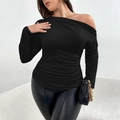 Women's black off-shoulder long sleeve top featuring stylish ruched side details - 1XL / Black
