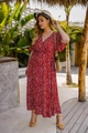Rode maxi-jurk met bloemenprint, V-hals en korte mouwen in een tropisch decor - 1XL / Rood