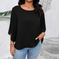 Damen Plus Size lockeres schwarzes Freizeit-T-Shirt mit Trompetenärmeln im minimalistischen Stil - 1XL / Schwarz