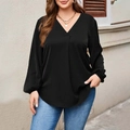 Elegant plus size black V-neck chiffon blouse with lantern sleeves and gathered detail - 1XL / Black