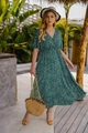 Donkergroene jurk met V-hals, hoge taille en een print van tropische witte bladeren - 1XL / Teal