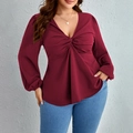 Burgundy plus size V-neck long sleeve top with stylish front knot detail for women - 1XL / Burgundy