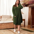 Plus size rib-knit long sleeve tunic dress in dark army green with a relaxed fit style - 1XL / Army Green