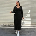 Slim fit black long sleeve ribbed maxi dress with button front and V-neck design - 1XL / Black