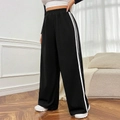 Pantaloni neri a gamba larga da donna con strisce laterali bianche e vita alta elastica - 1XL / Nero