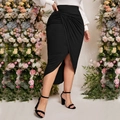 Elegant high-waist black midi skirt with ruched detail and asymmetrical slit design - 1XL / Black