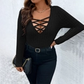 Top aderente nero in maglia a coste con scollo a V e lacci incrociati sul davanti - 1XL / Nero