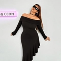 Elegant plus size black off-shoulder long sleeve dress with asymmetrical ruffle hem - 3XL / Black