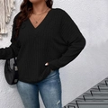 Plus size black V-neck ribbed long sleeve top for women with elegant backless design - 1XL / Black