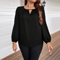 Women's plus size black long sleeve blouse with lantern sleeves and notch neckline - 1XL / Black