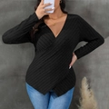 Women's black V-neck knit ribbed top with wrap design and asymmetrical hemline - 1XL / Black