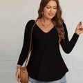 Women's black plus size V-neck long sleeve top with tie front and hollow texture - 1XL / Black