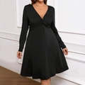 Elegant black V-neck long sleeve dress with twist front detail and A-line silhouette - 1XL / Black