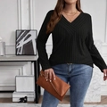 Women's plus size slim fit black V-neck ribbed knit long sleeve shirt for casual wear - 1XL / Black