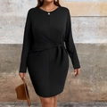 Abito nero taglie forti a maniche lunghe con nodo in vita per un look elegante - 1XL / Nero