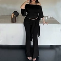 Slim fit black off-shoulder long sleeve top and flared pants two-piece set for women - 1XL / Black