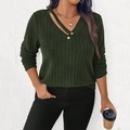Slim fit dark green ribbed V-neck long sleeve top with decorative button details - 1XL / Dark Green