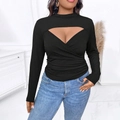 Slim fit black long sleeve top featuring a sexy cutout V-neck and ruched details - 1XL / Black