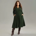 Elegant dark green knit dress with teardrop cutout neckline and gold metal buckle detail - 1XL / Army Green