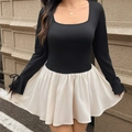 Mini vestido elegante en blanco y negro de manga larga con cuello cuadrado y lazos - 1XL / Negro & Beige