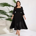 Elegant plus size black midi dress with square neck and drawstring waist details - 1XL / Black