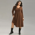 Robe grande taille marron foncé avec col en V en maille côtelée et boutons décoratifs - 1XL / Marron